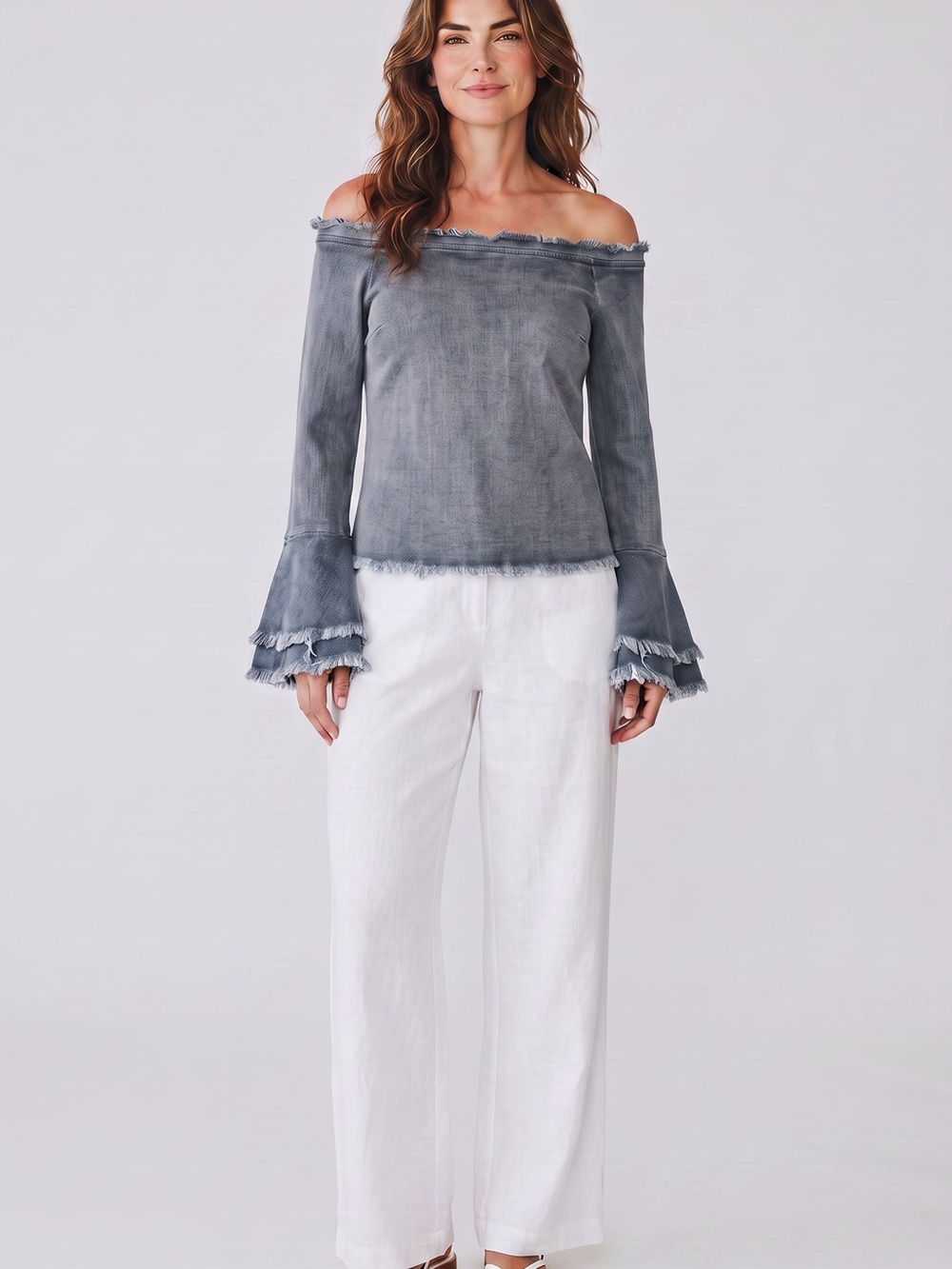 Off-Shoulder denim look Top with Ruffle Sleeves - 94% cotton